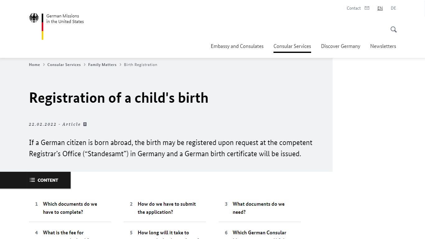 Registration of a child's birth - Federal Foreign Office